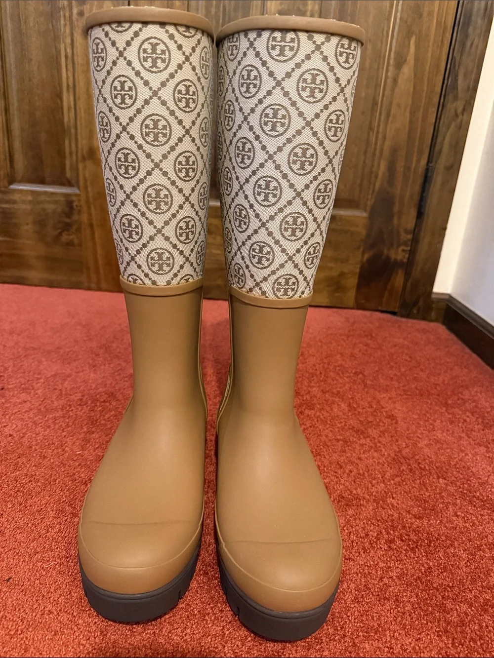 Tory Burch Tan Logo-Pattern Tall Rain Boots NWB
